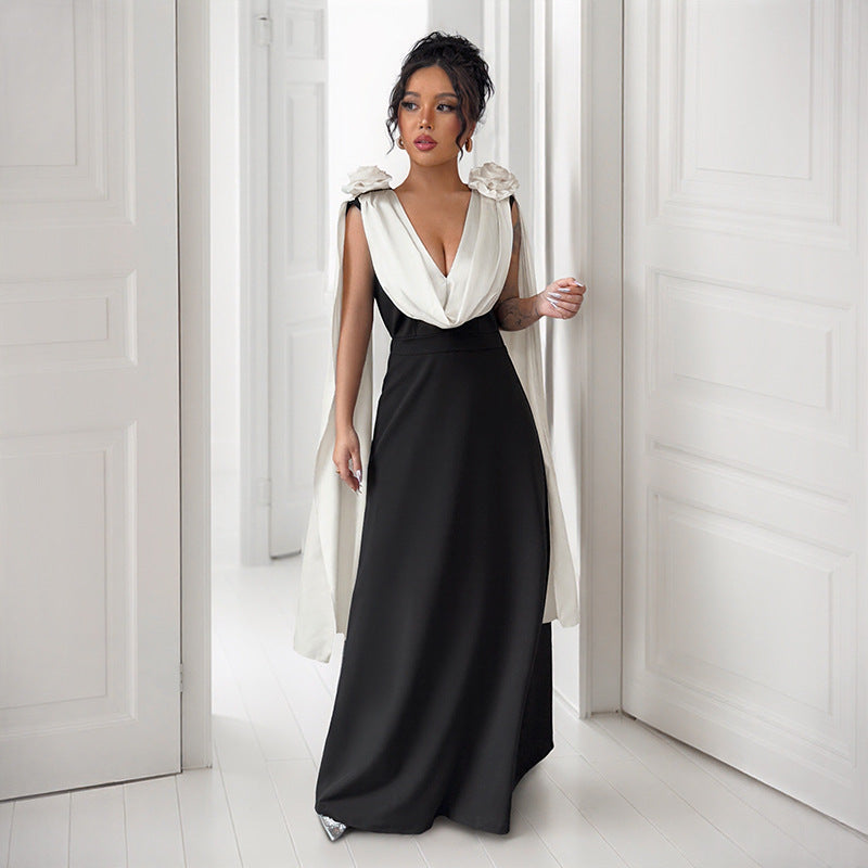 European and American banquet wedding party high-end and elegant style V-neck contrasting color sleeveless dress