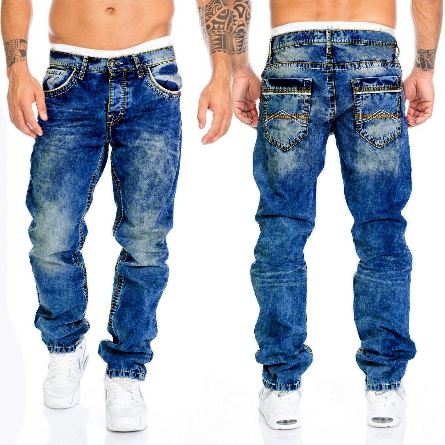 European and American new jeans casual open line pants straight leg men's pants hip-hop jeans