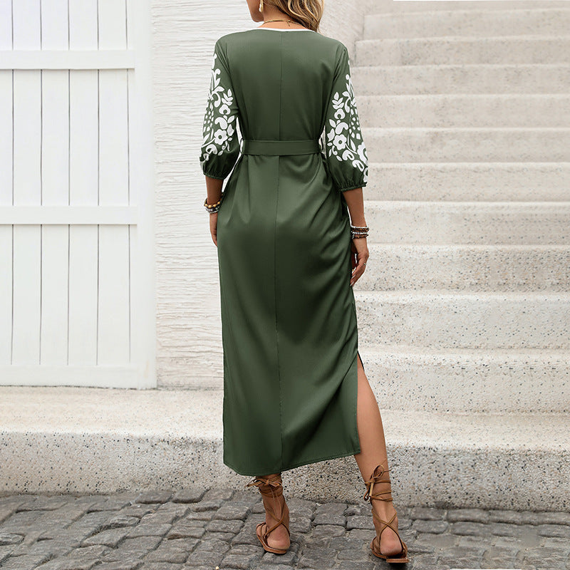 European and American leisure vacation personalized retro ethnic style printed slit dress