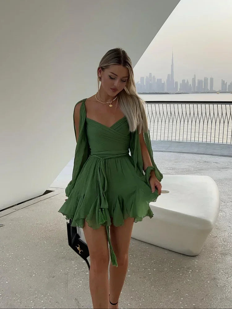 Women Fashion Chiffon Pleated Lace Up High Waist Mini Dress Chic Green Hollow Out Full Sleeve A-line Dresses Lady Beach Robes 