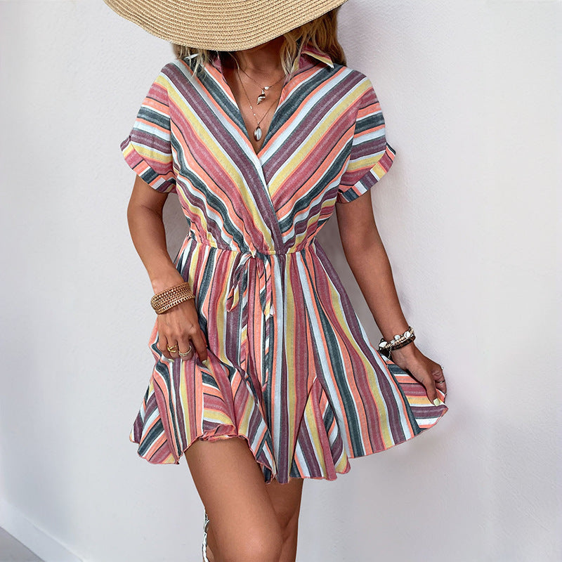 European and American leisure vacation ruffle striped dress
