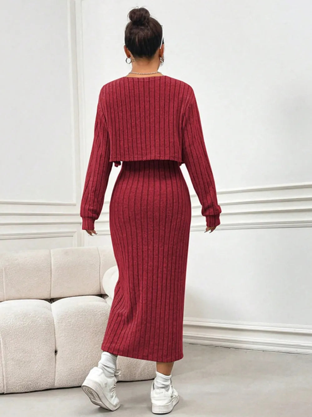Long Sleeve Cropped Cardigan and Slit Cami Dress Set