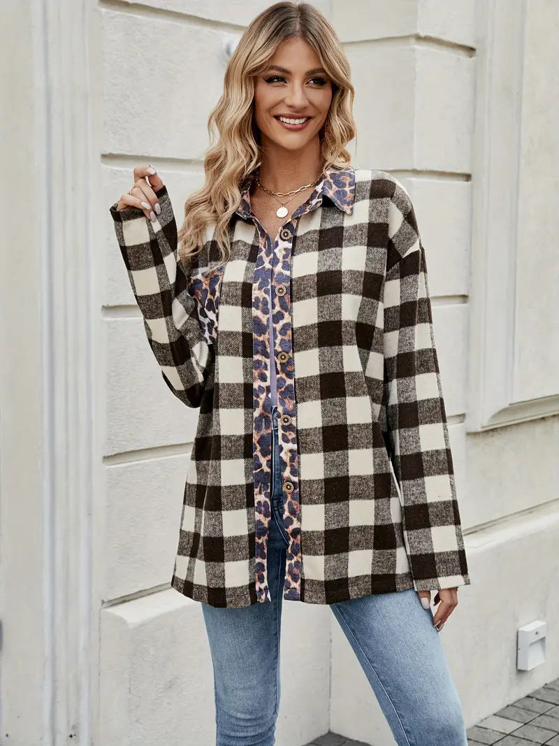 Autumn Thousand Bird leopard print contrasting plaid long sleeved shirt for women