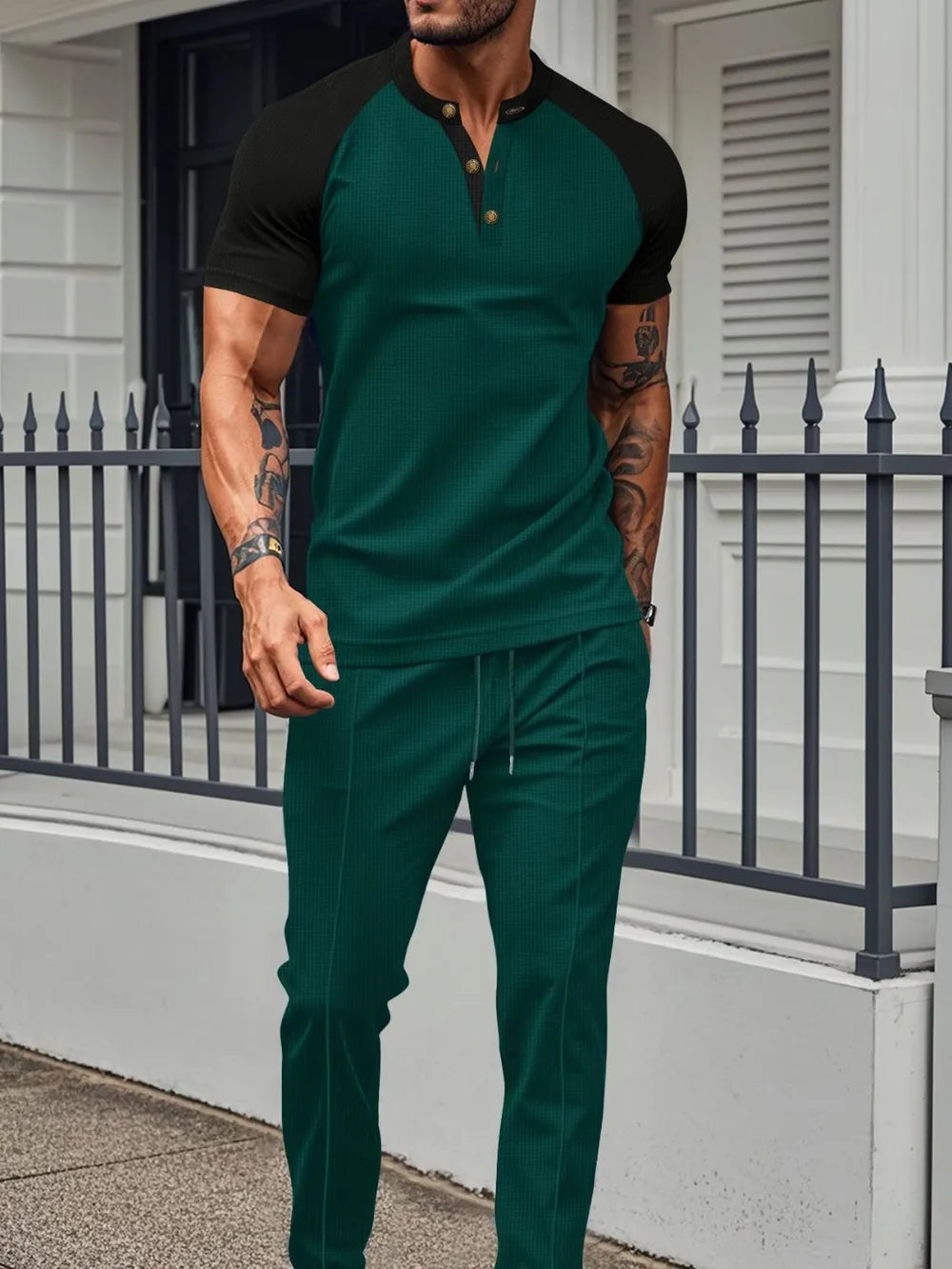 Men's Full Size Waffle-Knit Contrast Top and Drawstring Pants Set Plus Size