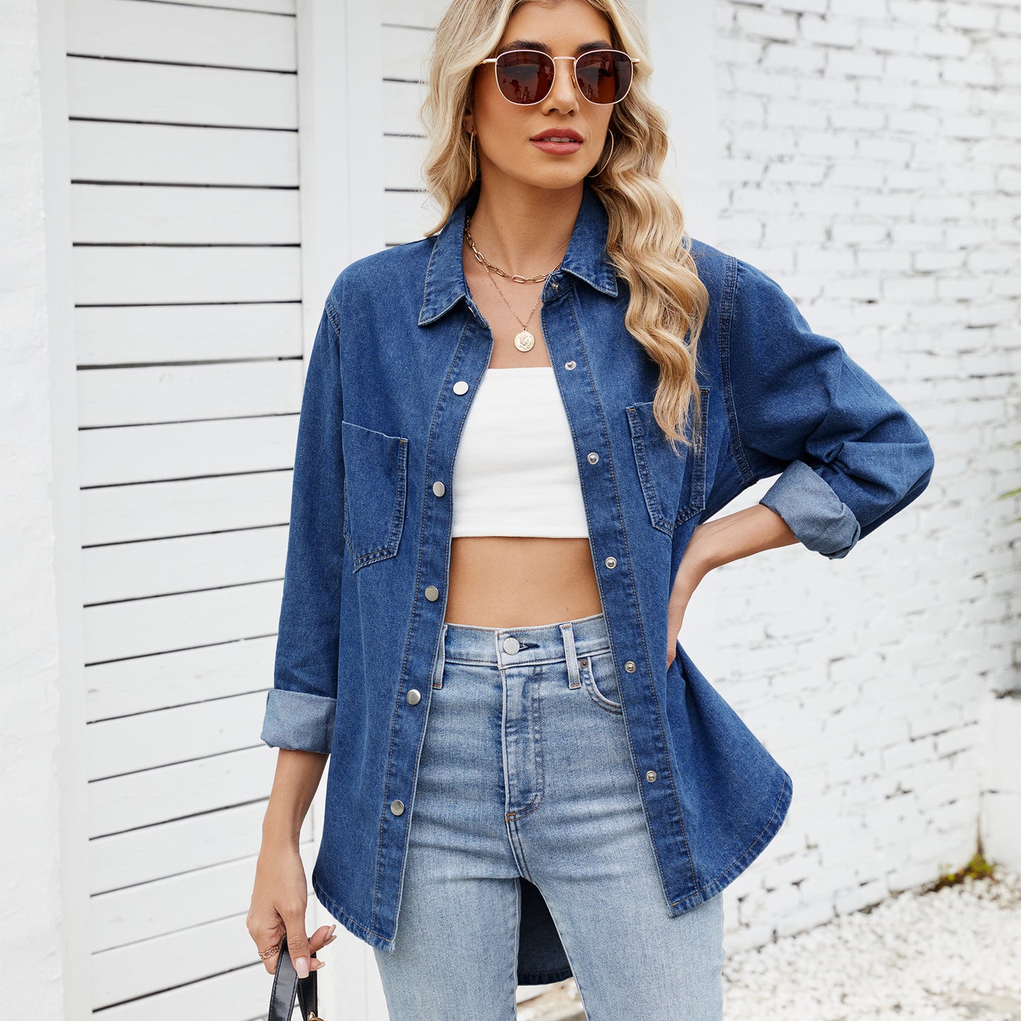 European and American women's loose long sleeved denim shirt