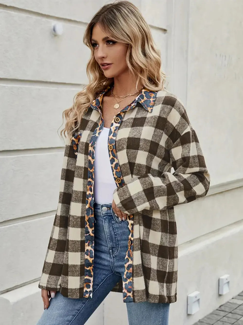 Autumn Thousand Bird leopard print contrasting plaid long sleeved shirt for women