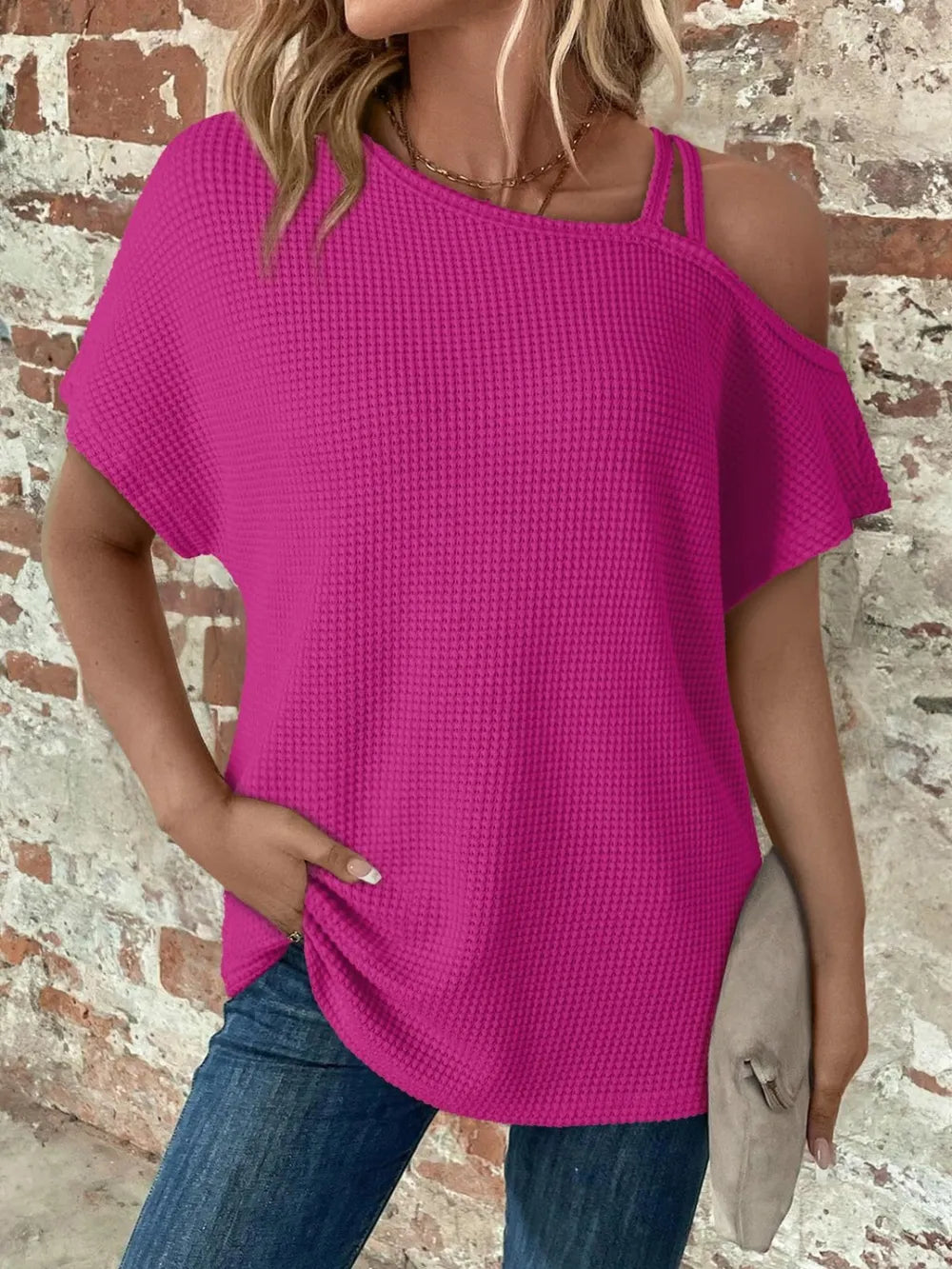 Short sleeved solid color top for women's fashion summer slanted shoulder suspender