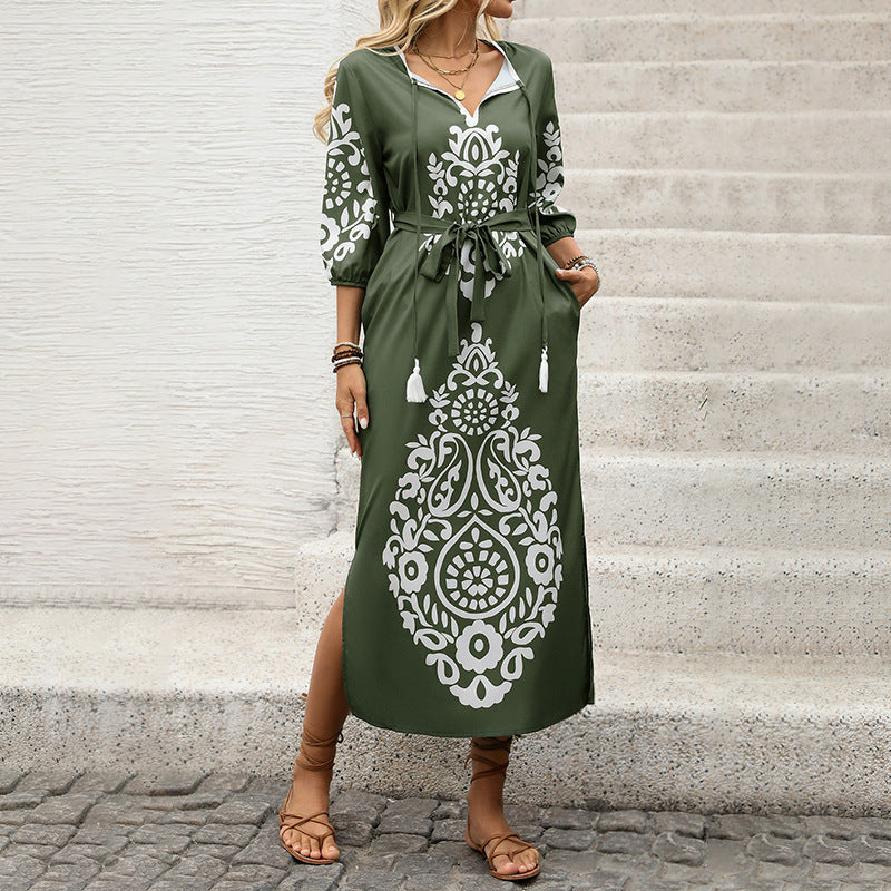 European and American leisure vacation personalized retro ethnic style printed slit dress