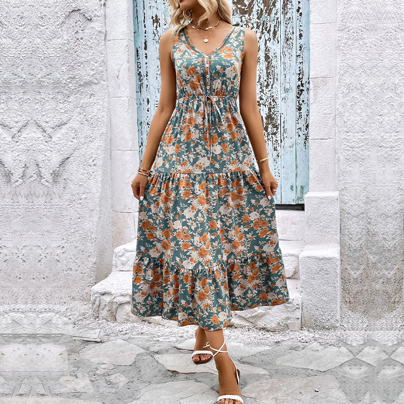 European and American women's printed sleeveless dress