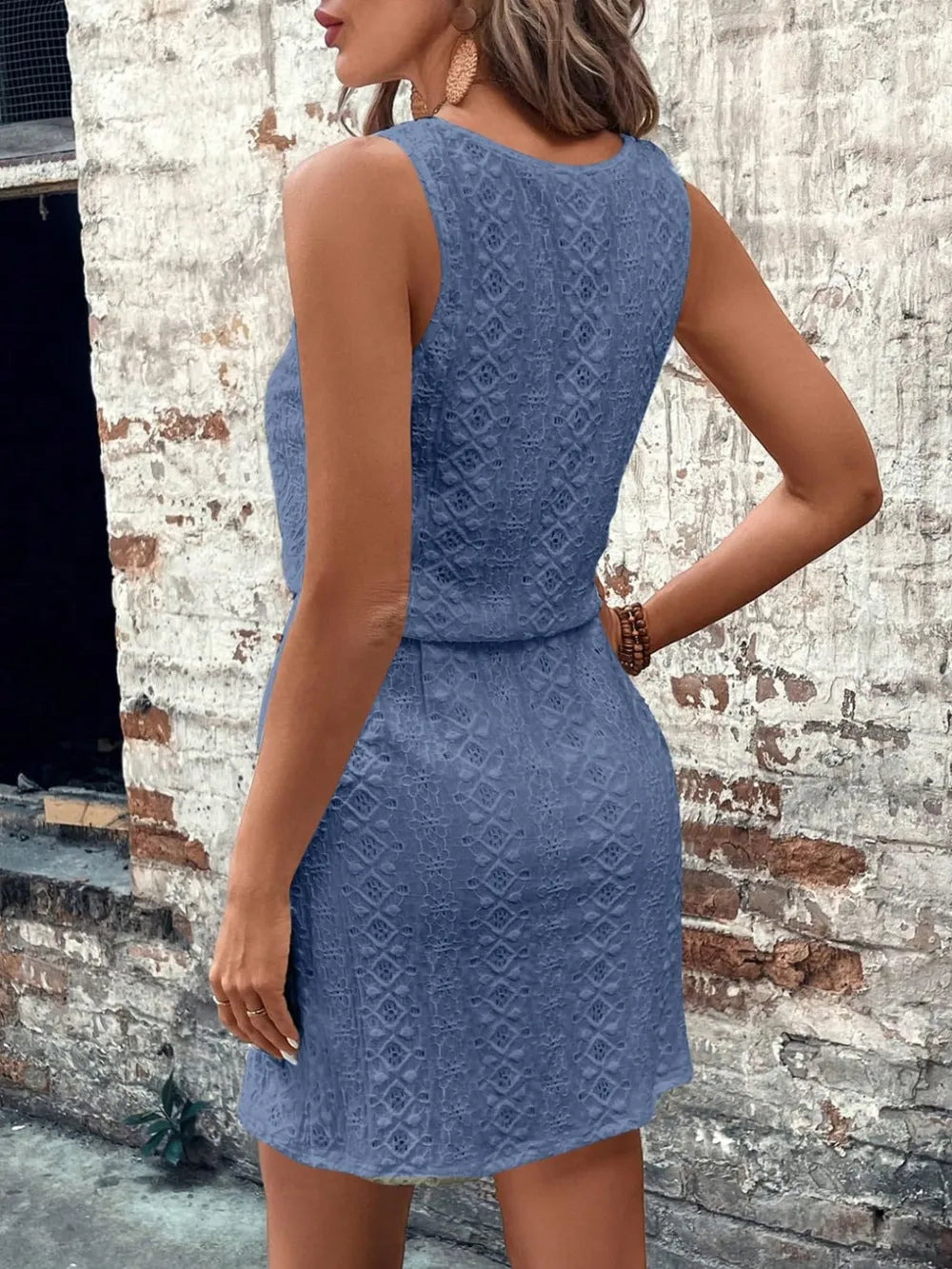 Women's square neck spring/summer women's hollow texture drawstring sleeveless dress