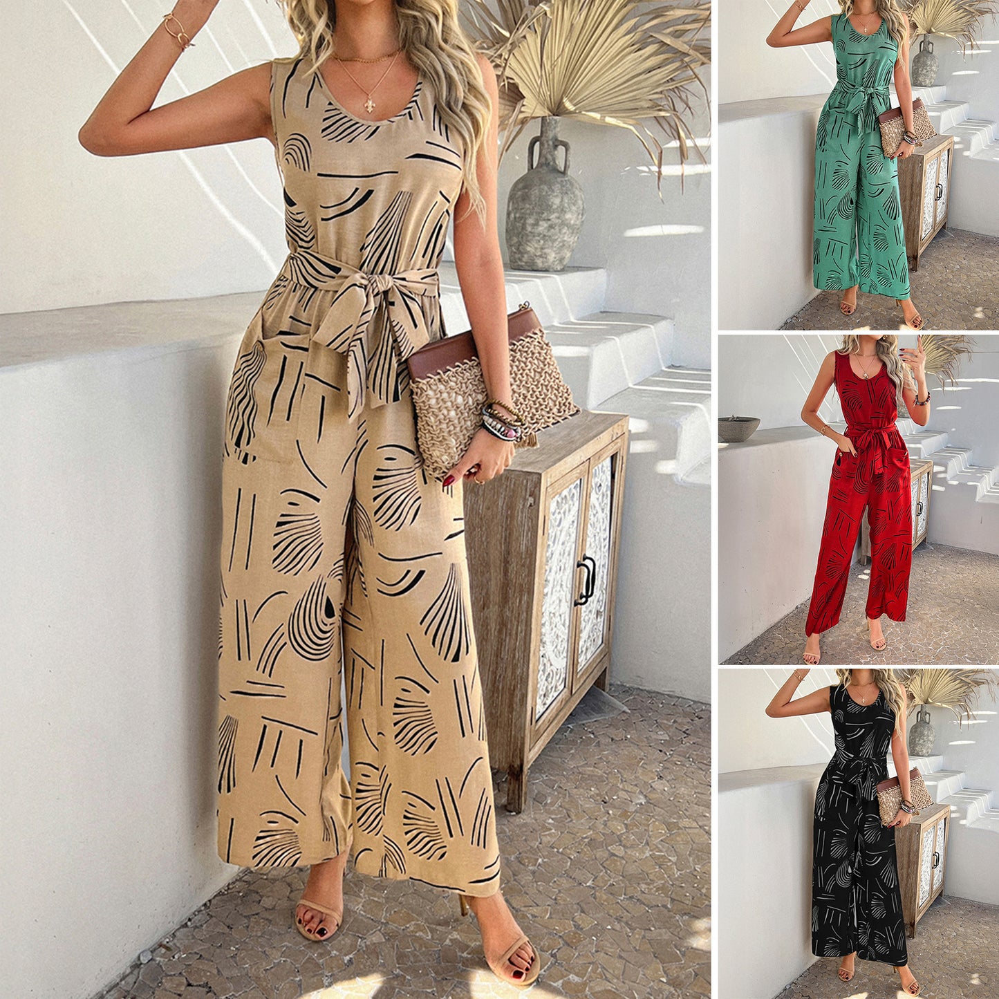 Cotton printed high waisted pocket jumpsuit pants