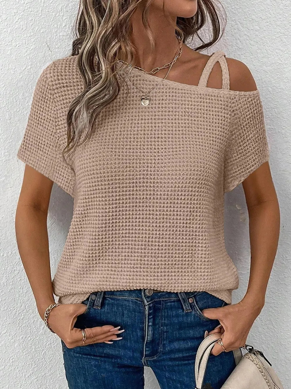 Short sleeved solid color top for women's fashion summer slanted shoulder suspender
