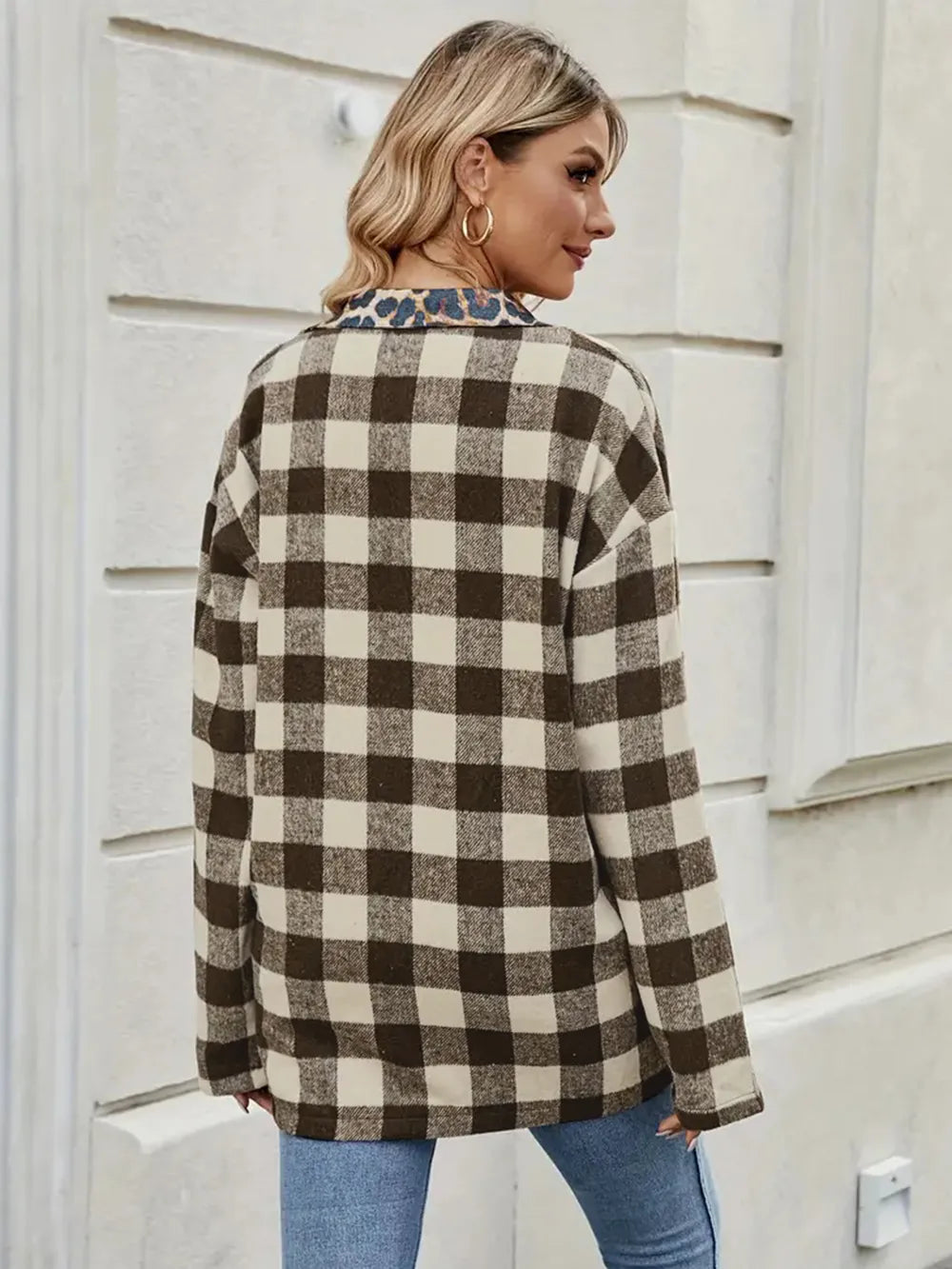 Autumn Thousand Bird leopard print contrasting plaid long sleeved shirt for women