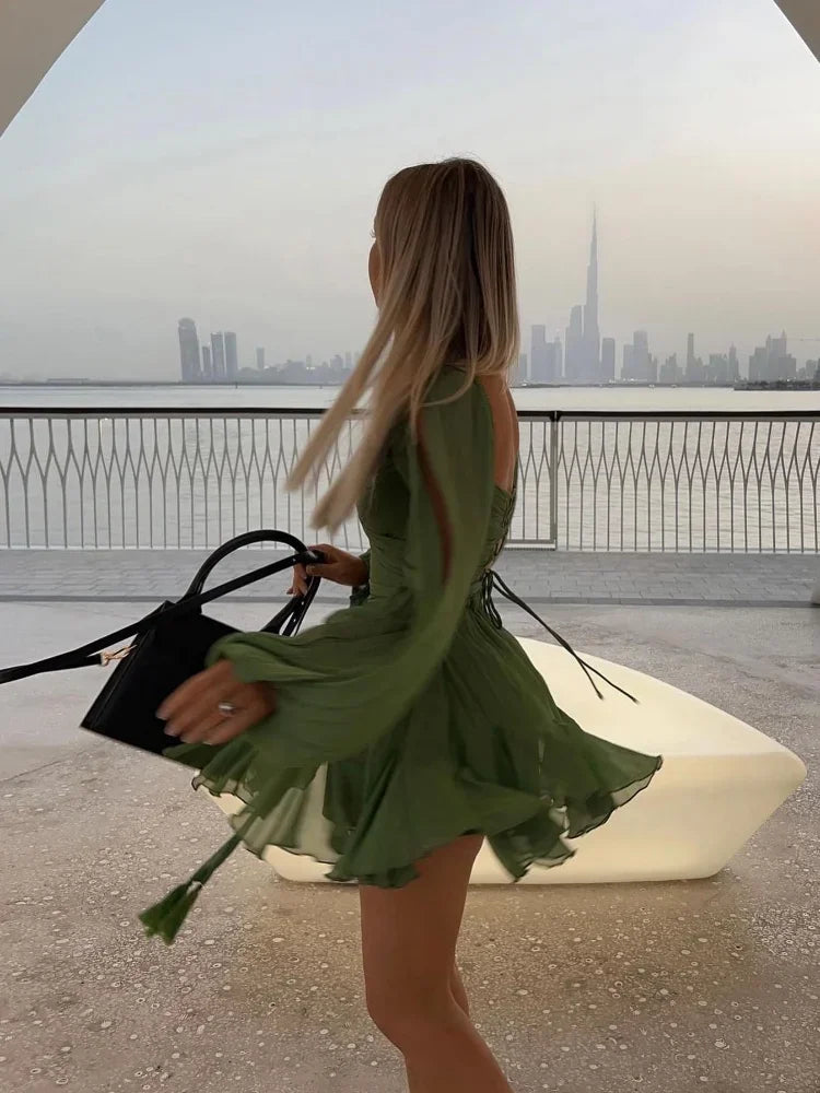 Women Fashion Chiffon Pleated Lace Up High Waist Mini Dress Chic Green Hollow Out Full Sleeve A-line Dresses Lady Beach Robes ﻿