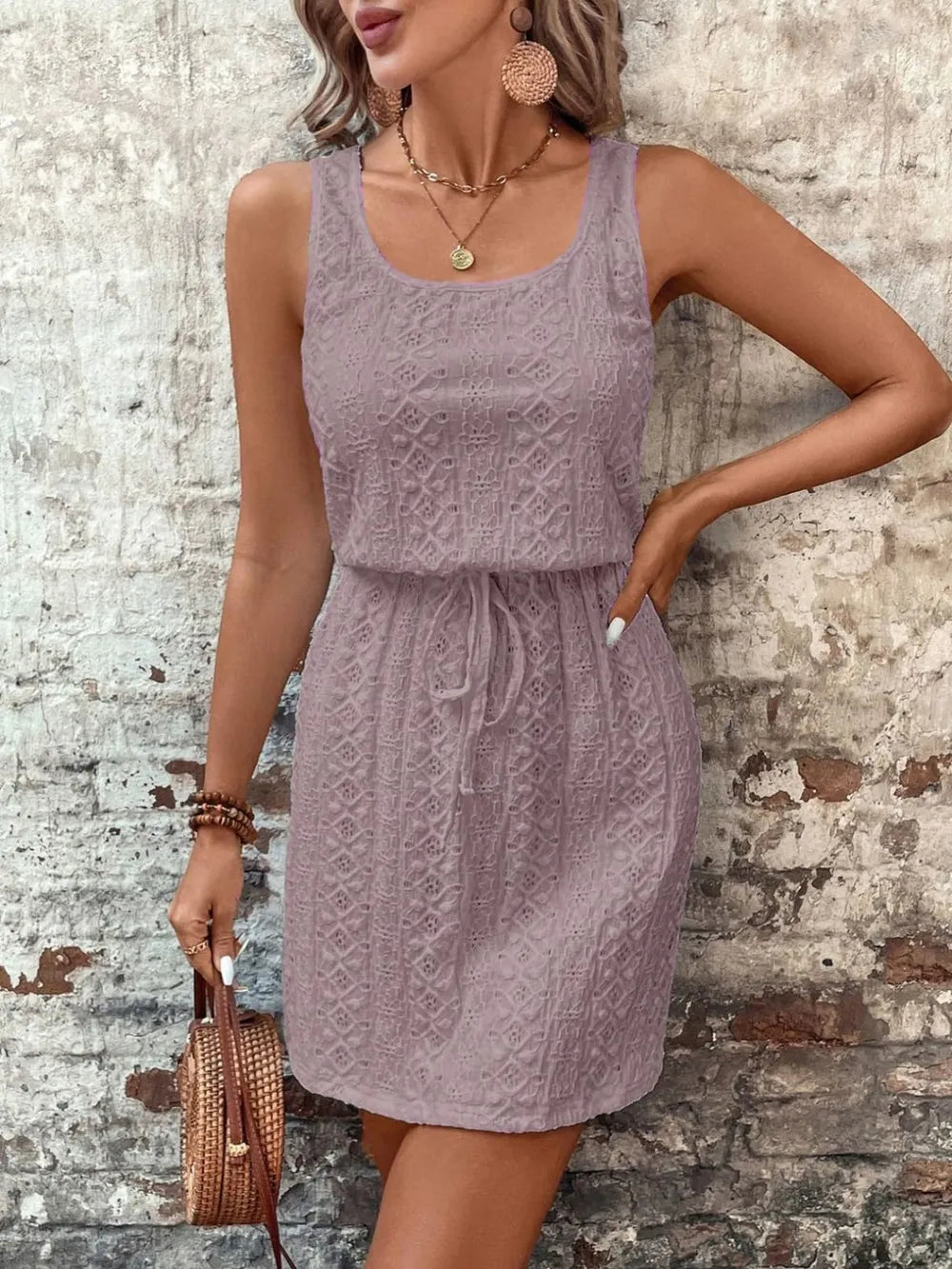 Women's square neck spring/summer women's hollow texture drawstring sleeveless dress