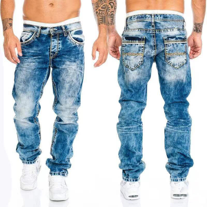 European and American new jeans casual open line pants straight leg men's pants hip-hop jeans