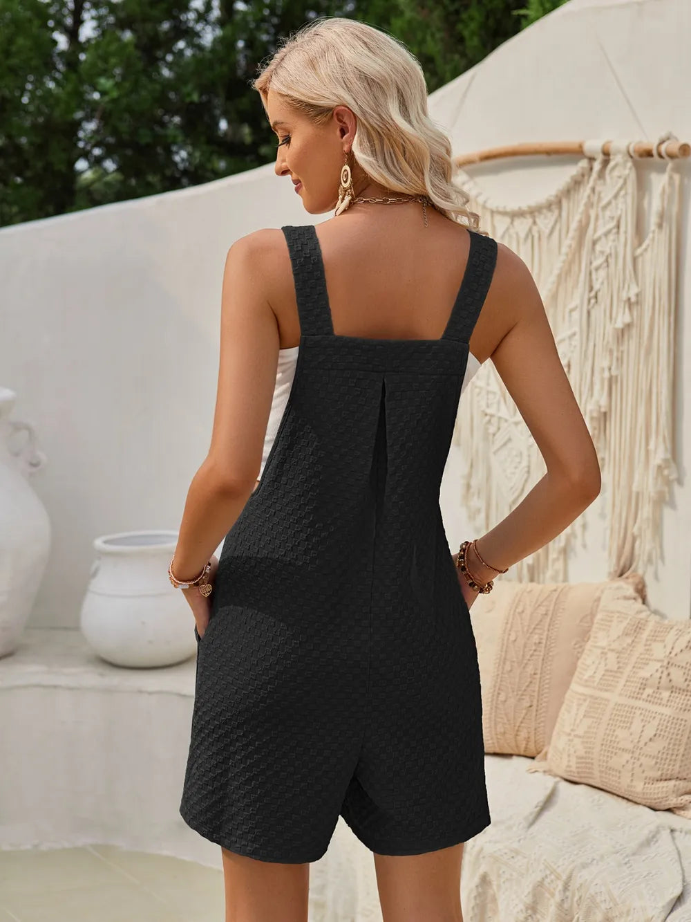 Women's sleeveless straight leg jacquard solid color overalls