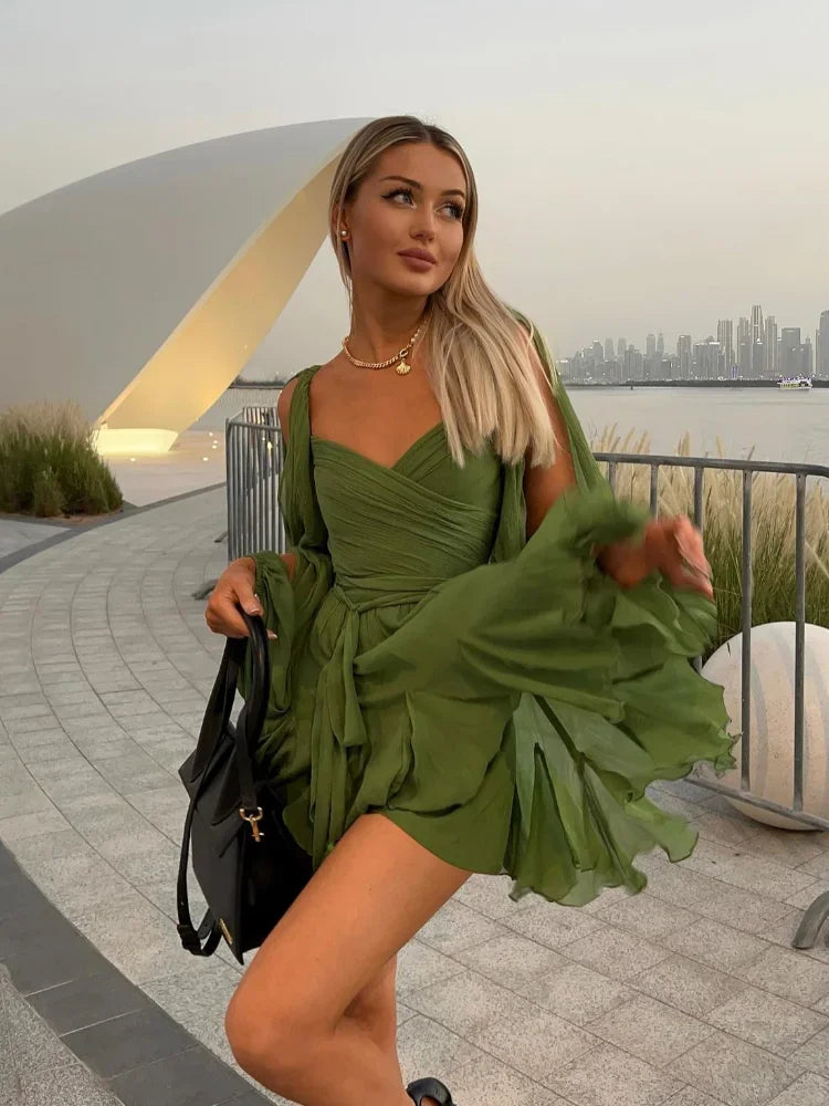 Women Fashion Chiffon Pleated Lace Up High Waist Mini Dress Chic Green Hollow Out Full Sleeve A-line Dresses Lady Beach Robes ﻿