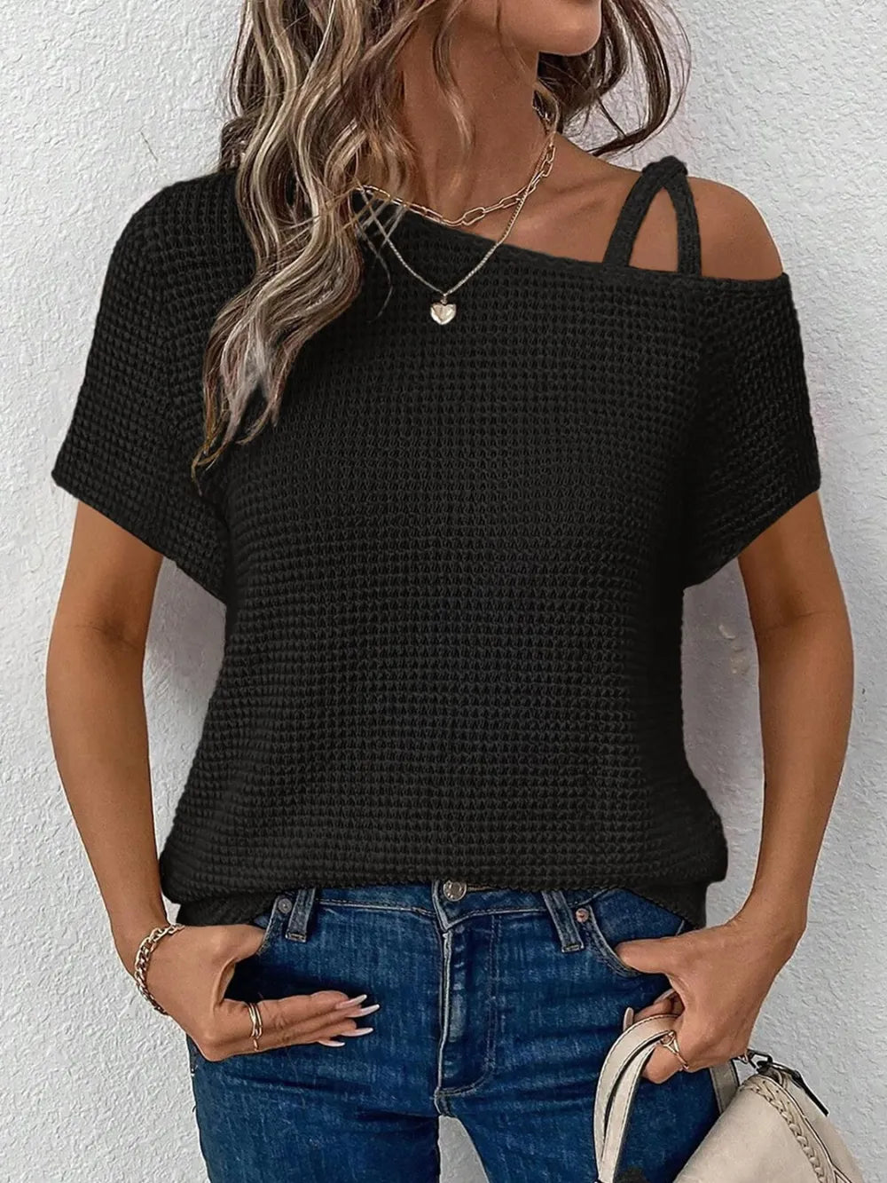 Short sleeved solid color top for women's fashion summer slanted shoulder suspender