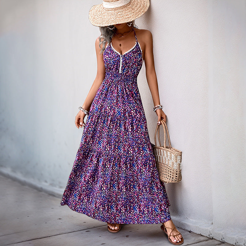 European and American vacation casual camisole dress V-neck floral backless dress