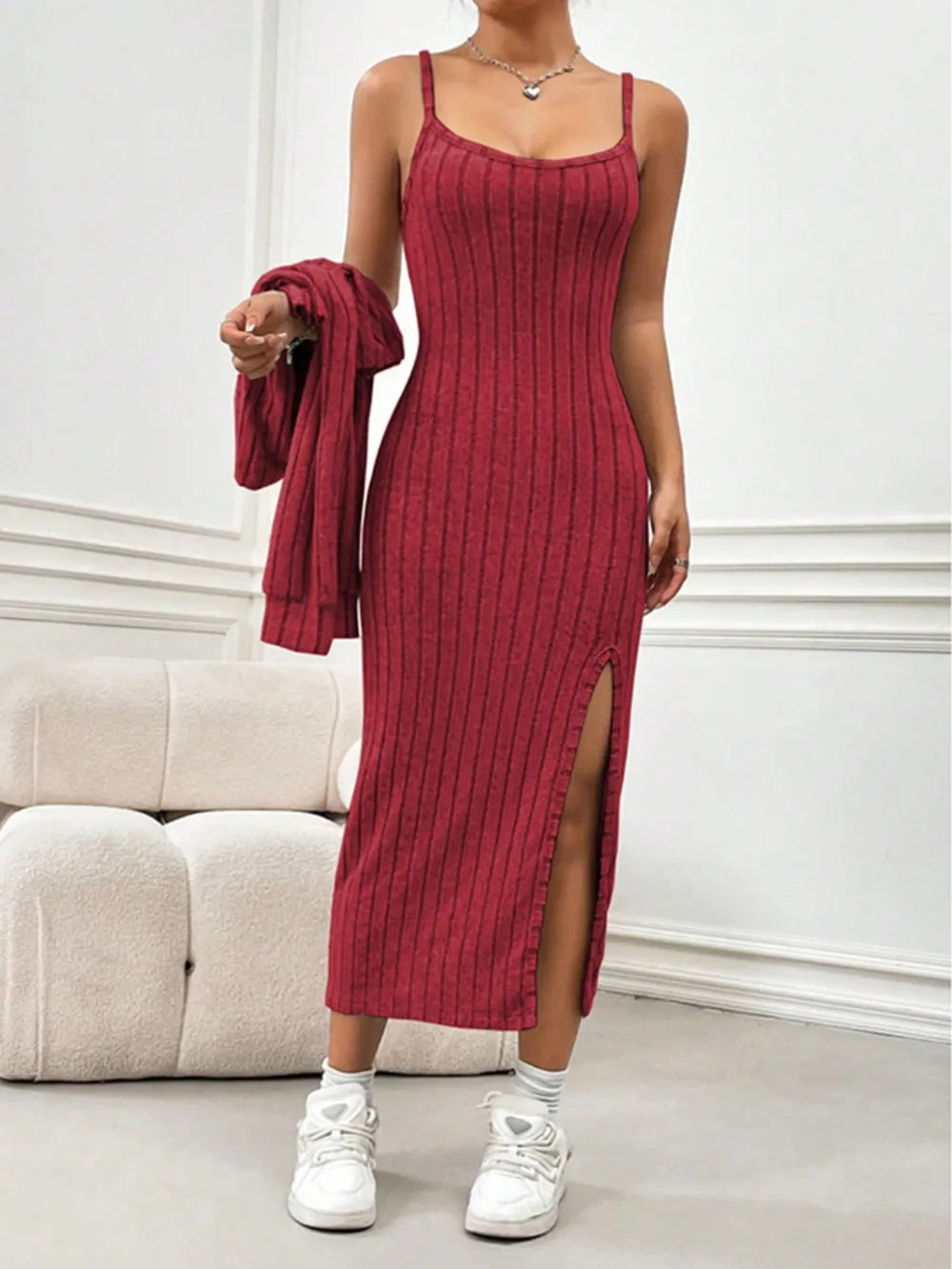 Long Sleeve Cropped Cardigan and Slit Cami Dress Set