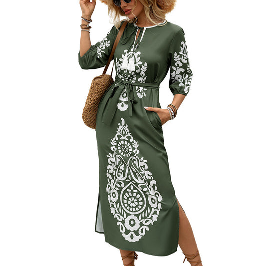 European and American leisure vacation personalized retro ethnic style printed slit dress