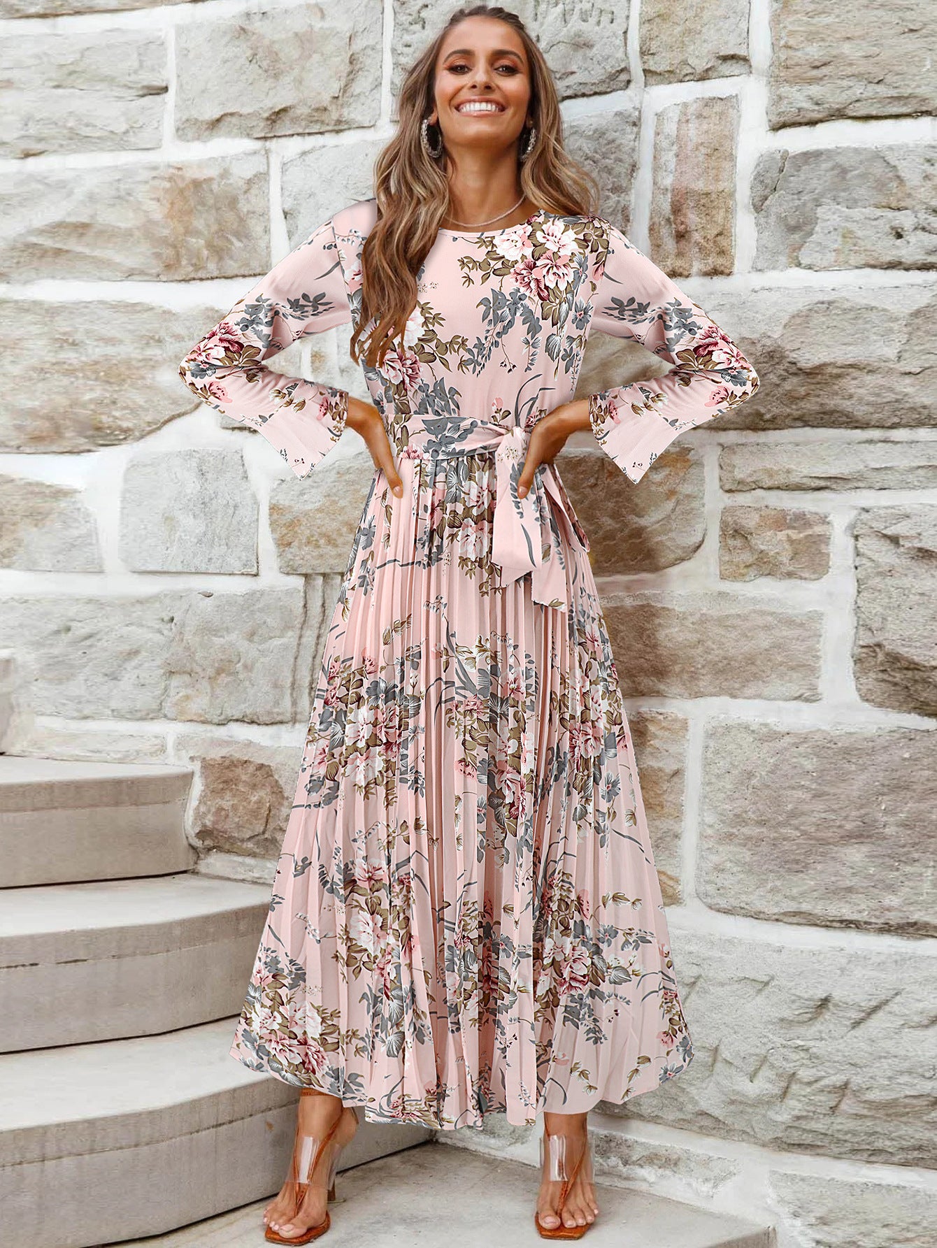 Bell-Sleeved Bohemian Pleated Print Dress for Women