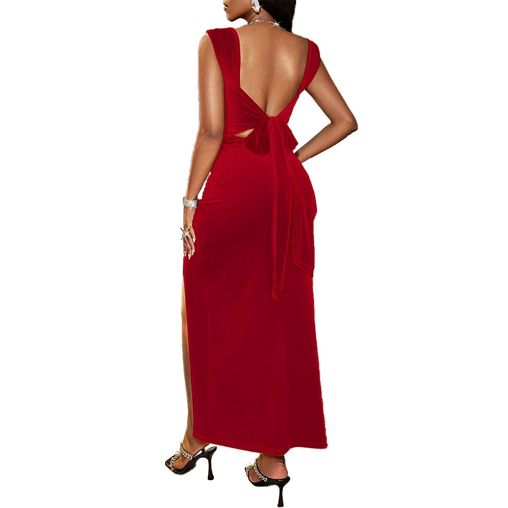 European and American party sexy and elegant square neck backless waist bag hip long skirt