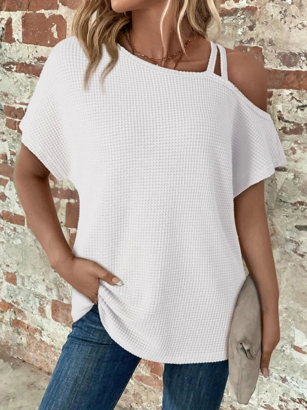 Short sleeved solid color top for women's fashion summer slanted shoulder suspender
