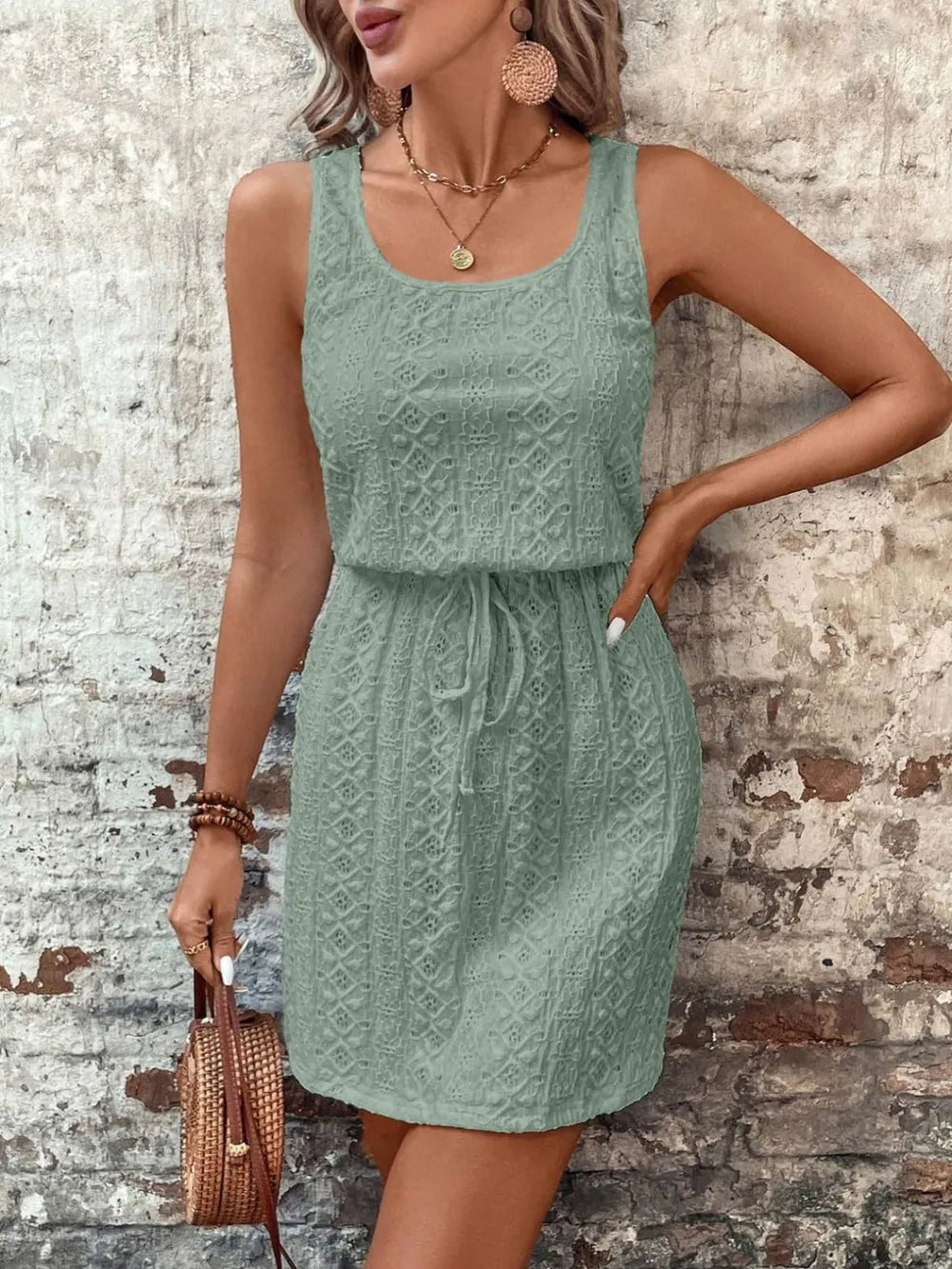 Women's square neck spring/summer women's hollow texture drawstring sleeveless dress