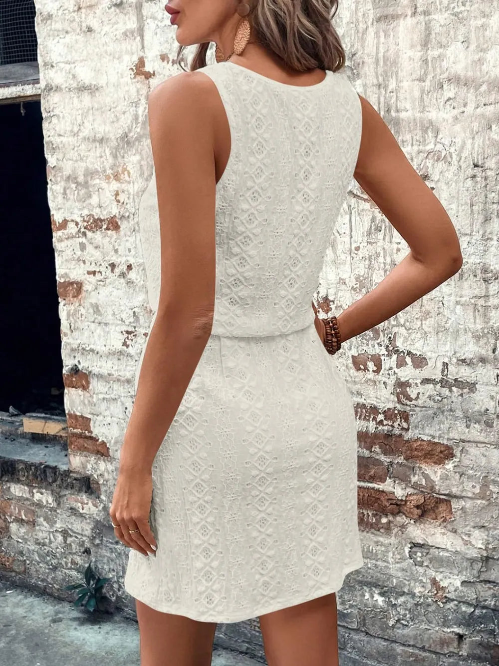 Women's square neck spring/summer women's hollow texture drawstring sleeveless dress