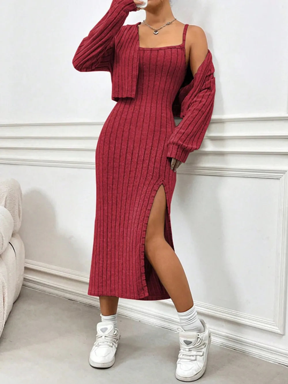 Long Sleeve Cropped Cardigan and Slit Cami Dress Set