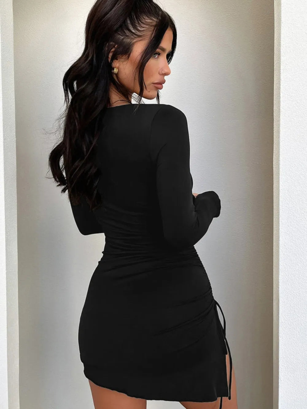 Solid color hip hugging skirt long sleeved round neck drawstring slim fit women's dress