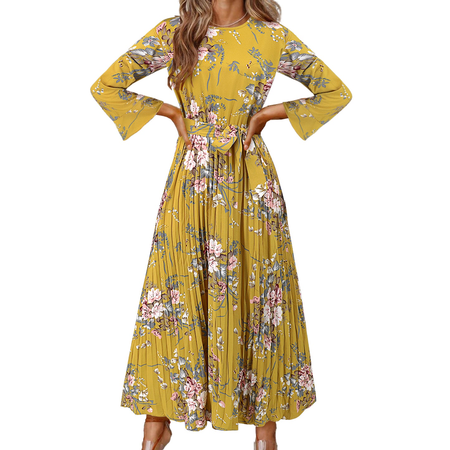 Bell-Sleeved Bohemian Pleated Print Dress for Women