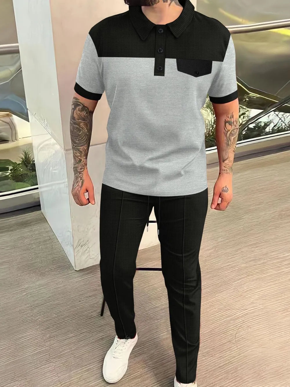 Men‘s Full Size Waffle-Knit Contrast Top and Pants Set Plus Size