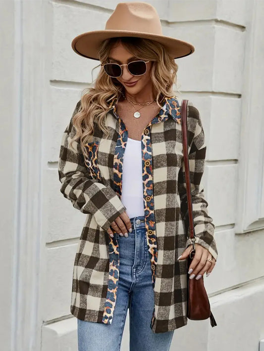 Autumn Thousand Bird leopard print contrasting plaid long sleeved shirt for women