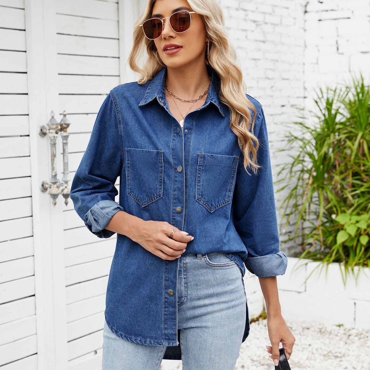 European and American women's loose long sleeved denim shirt