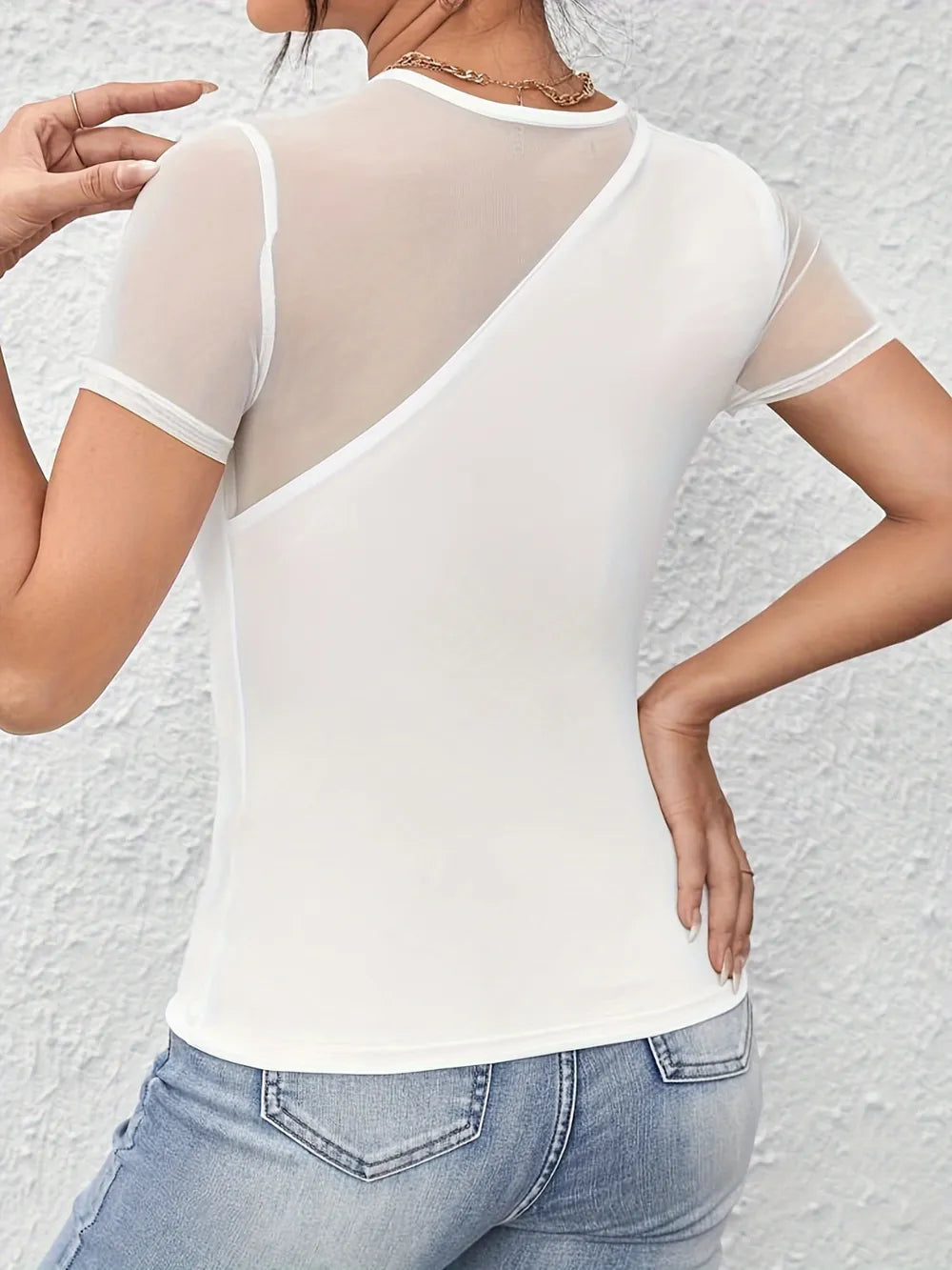 Spring and summer new sexy solid color short sleeved mesh splicing new T-shirt