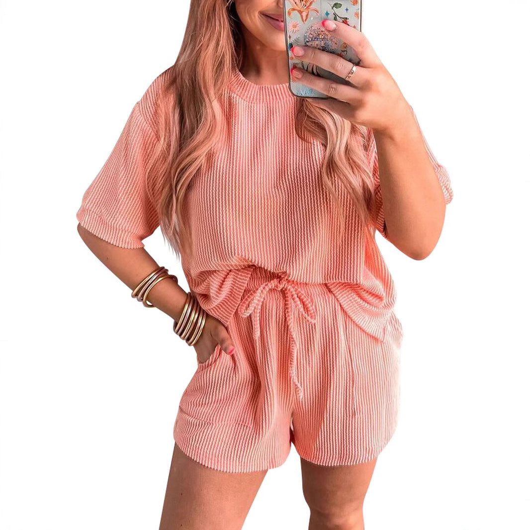Lovelet Round Neck Half Sleeve Top and Drawstring Shorts Set