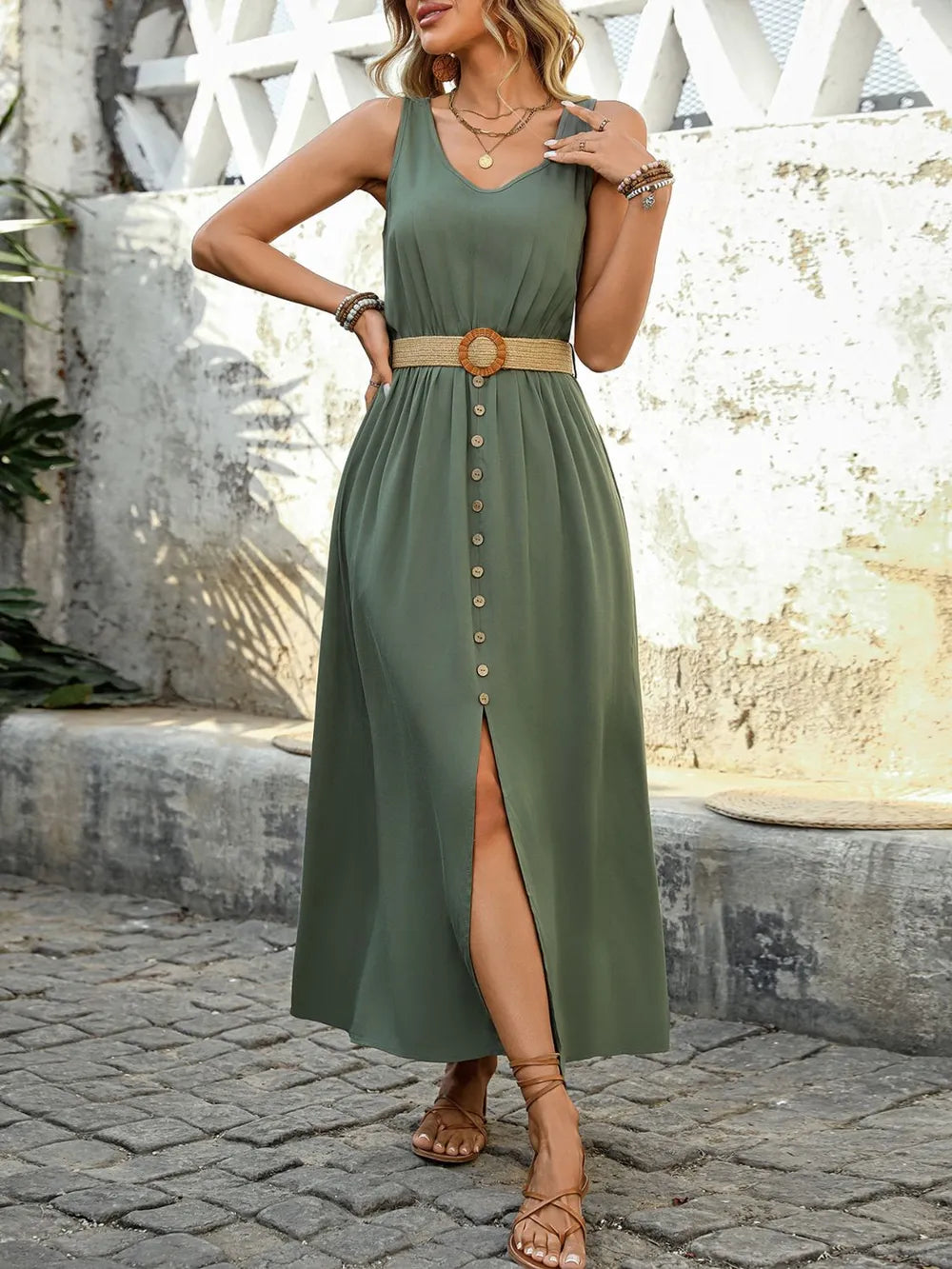 Decorative Button Slit Sleeveless Midi Dress