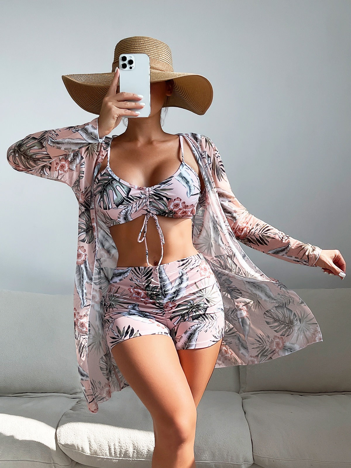 European and American Swimwear Womens Split Three Piece High Waisted Long Sleeved Ins Blouse Mesh Red Drawstring Suit