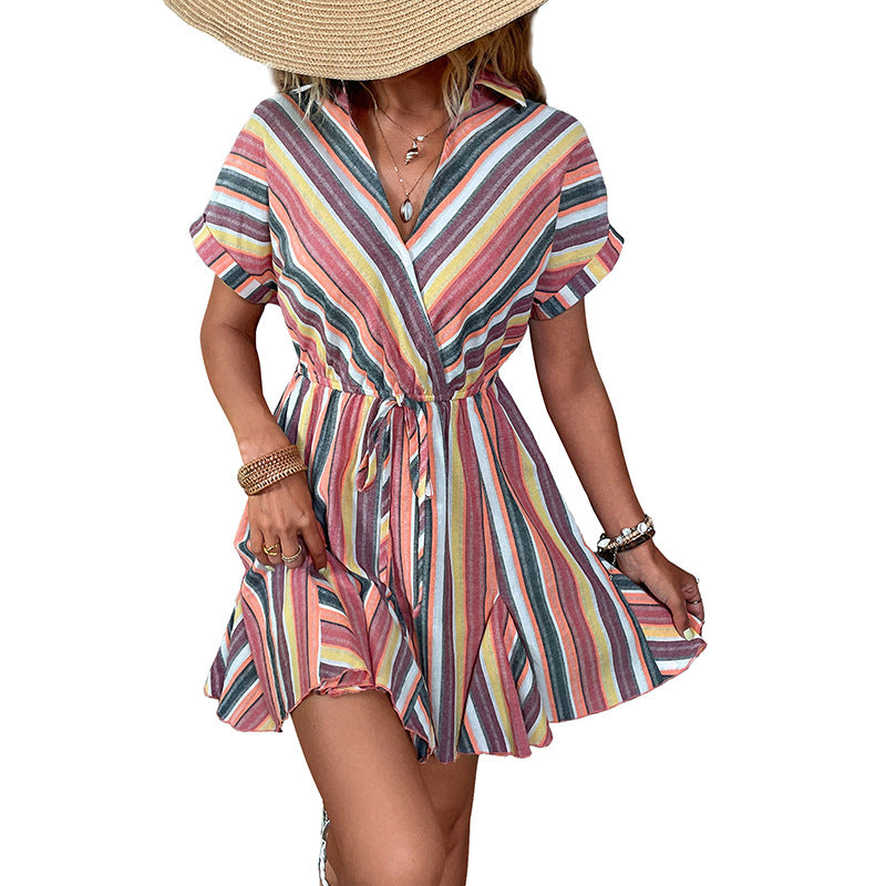 European and American leisure vacation ruffle striped dress