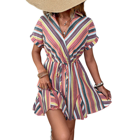European and American leisure vacation ruffle striped dress