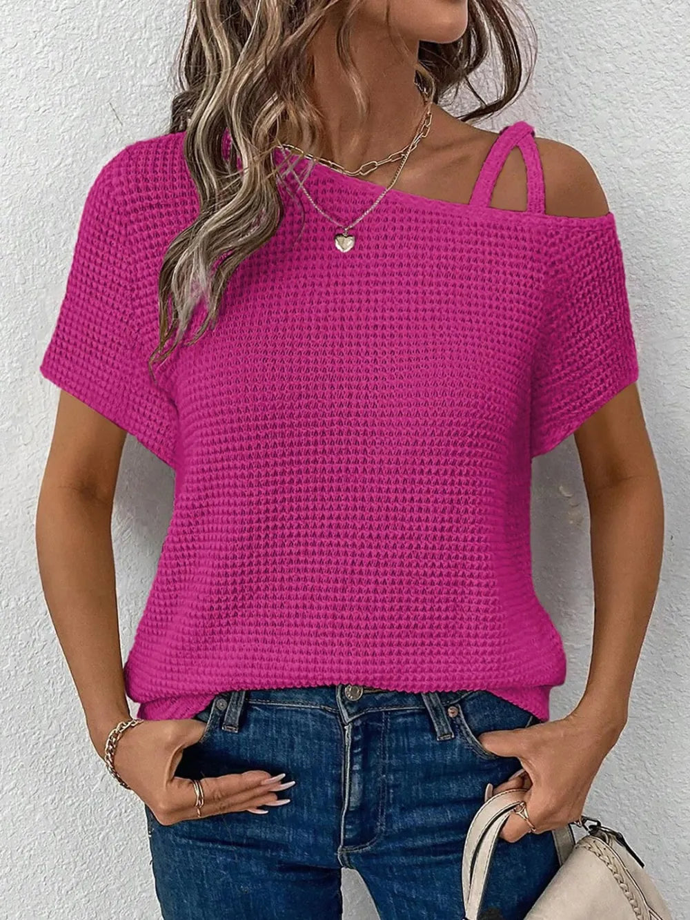 Short sleeved solid color top for women's fashion summer slanted shoulder suspender