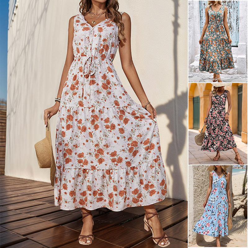 European and American women's printed sleeveless dress