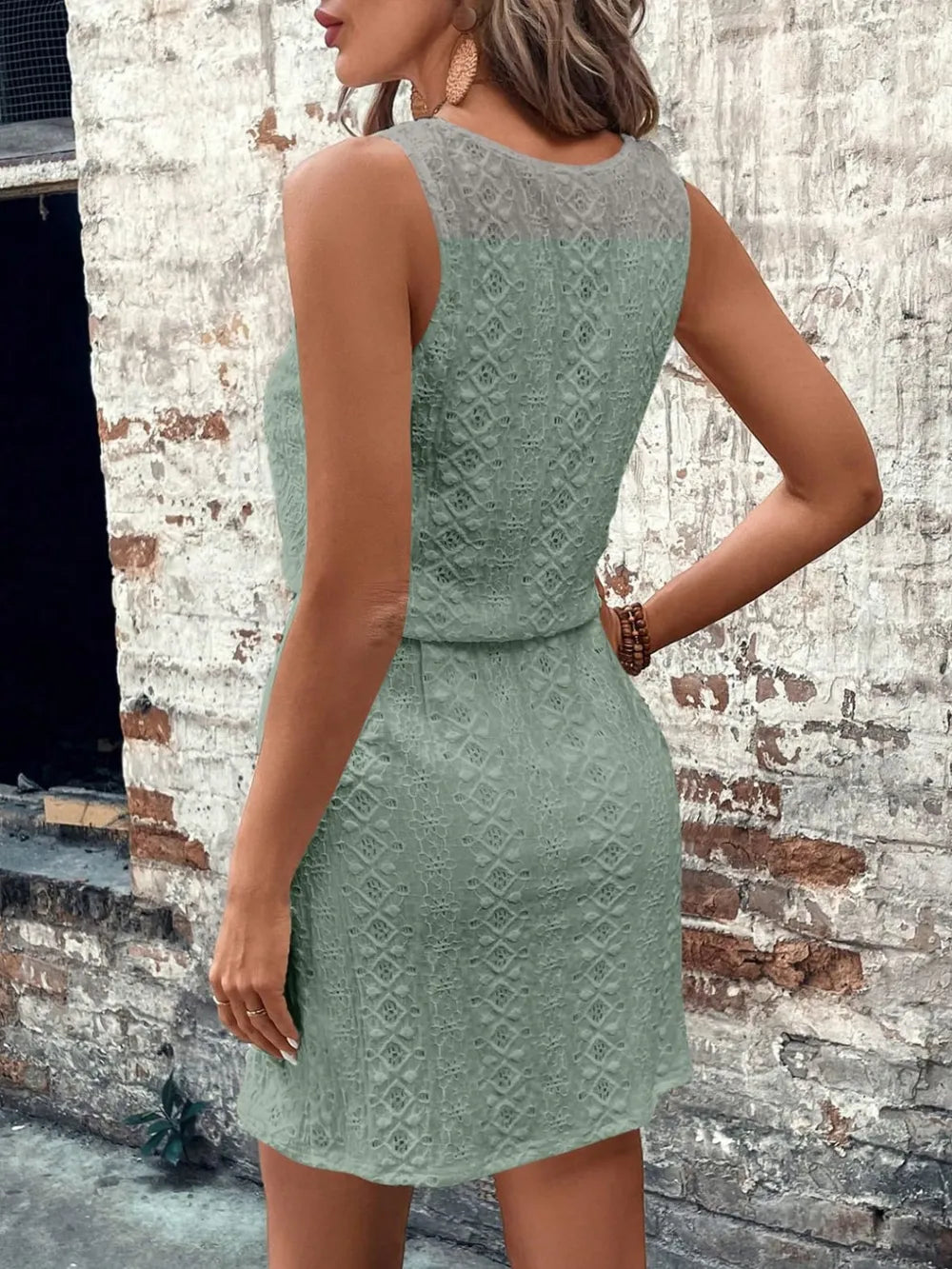Women's square neck spring/summer women's hollow texture drawstring sleeveless dress