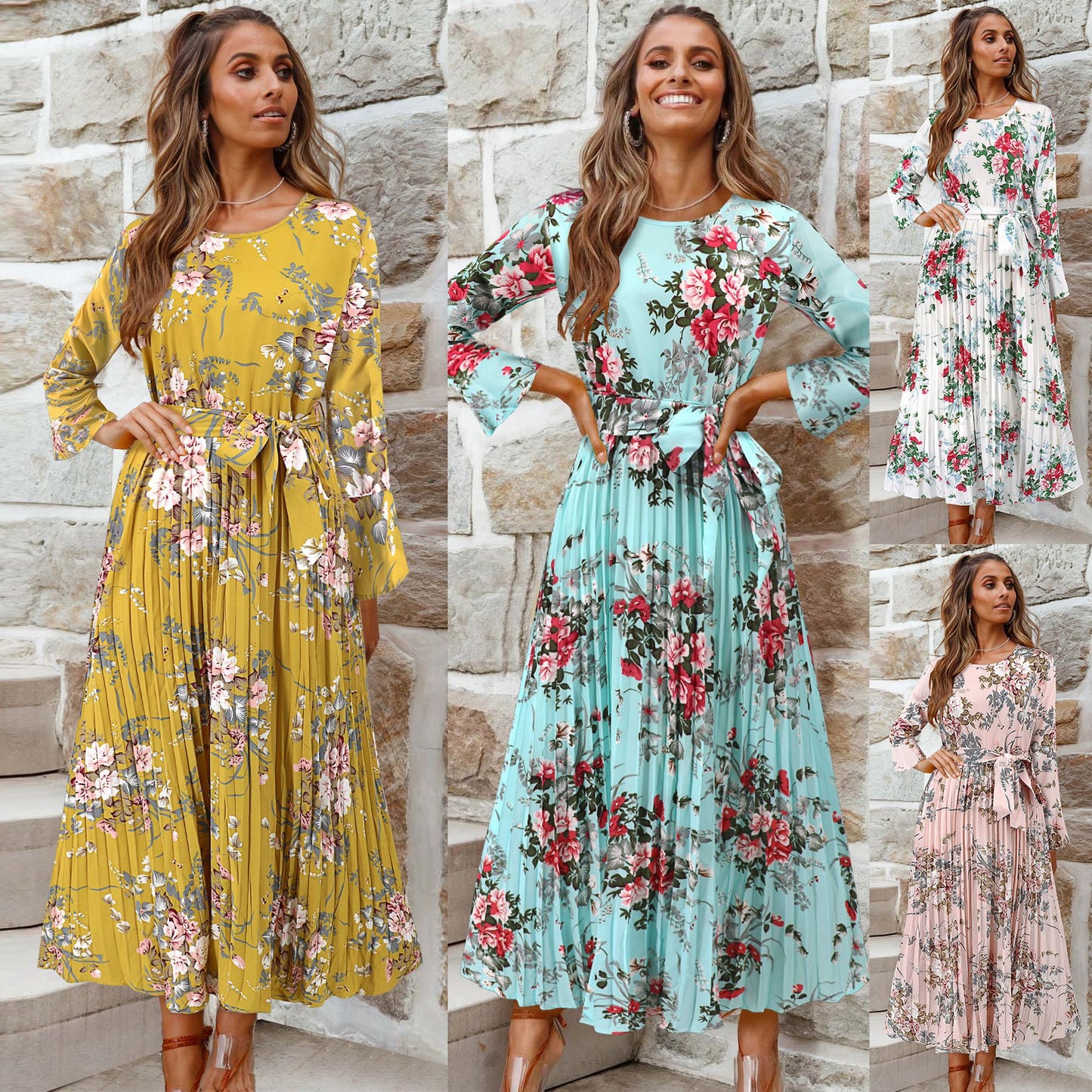 Bell-Sleeved Bohemian Pleated Print Dress for Women