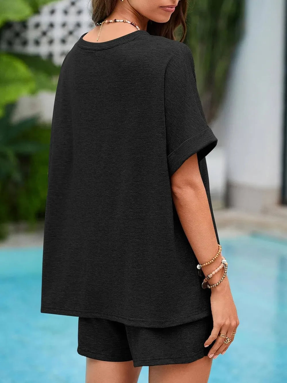 Round Neck T-Shirt and Drawstring Shorts Set