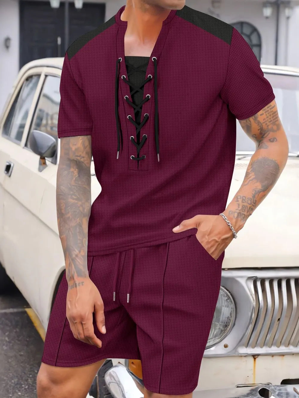 Men's Full Size Lace-Up Waffle Knit Top and Shorts Set Plus Size