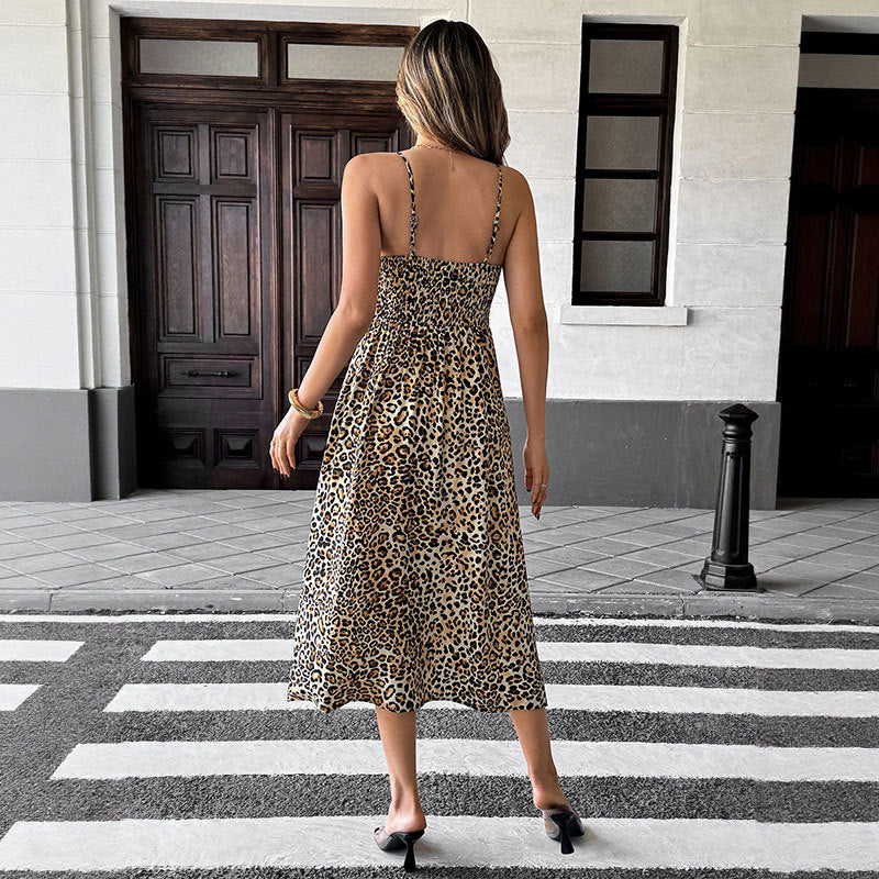 Summer sexy spicy girl style long skirt retro leopard print suspender dress for women